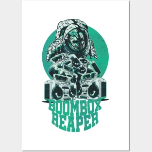 Green Boombox Reaper - Skull-Face Astronaut with Boomboxes Posters and Art